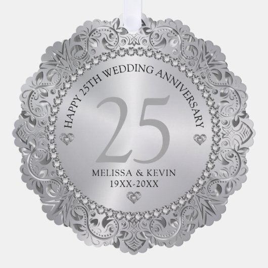Shiny Silver Swirls Circle Lijst 25e bruiloft Ornament Kaart (Voorkant)