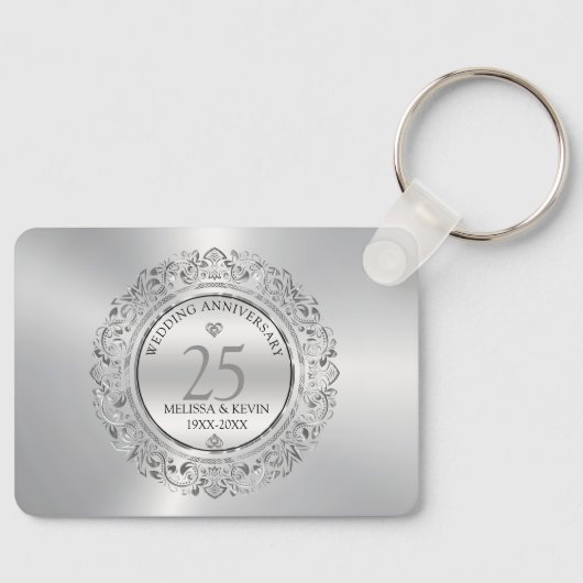 Shiny Silver Swirls Circle Lijst 25e bruiloft Sleutelhanger (Voorkant)