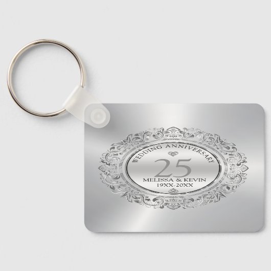 Shiny Silver Swirls Circle Lijst 25e bruiloft Sleutelhanger (Achterkant)
