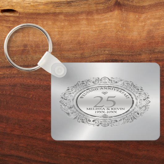 Shiny Silver Swirls Circle Lijst 25e bruiloft Sleutelhanger (Achterkant)