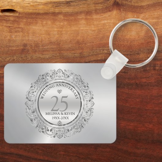 Shiny Silver Swirls Circle Lijst 25e bruiloft Sleutelhanger (Voorkant)