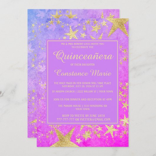 Shiny Stars Quinceanera Uitnodiging (Voorkant / Achterkant)