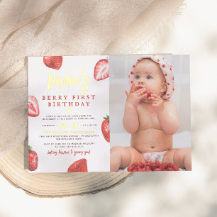Shiny Strawberry Girl Foto First Birthday Party Folie Uitnodiging