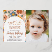 Shiny Wild One Retro foto 1e verjaardagsfeestje Folie Uitnodiging (Voorkant)