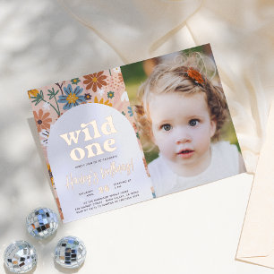 Shiny Wild One Retro foto 1e verjaardagsfeestje Folie Uitnodiging