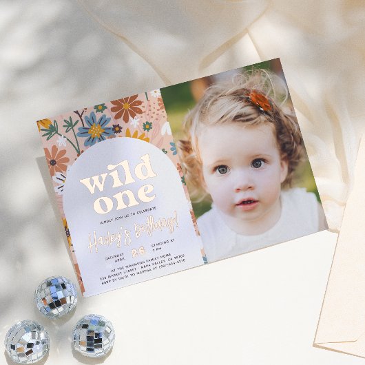 Shiny Wild One Retro foto 1e verjaardagsfeestje Folie Uitnodiging