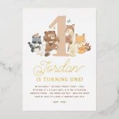 Shiny Woodland Animals Eerste Verjaardagsfeest Folie Uitnodiging (Voorkant)