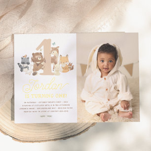 Shiny Woodland Animals Eerste Verjaardagsfeestfoto Folie Uitnodiging