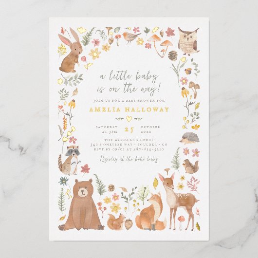 Shiny Woodland Forest Dieren Baby shower Folie Uitnodiging (Voorkant)