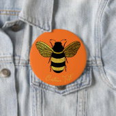SHINY YELLOW GOLD BLACK BUMBLEBEE CUSTOM TEKST BEE RONDE BUTTON 4,0 CM (In situ)