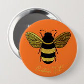 SHINY YELLOW GOLD BLACK BUMBLEBEE CUSTOM TEKST BEE RONDE BUTTON 4,0 CM (Voorkant /achterkant)
