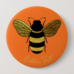 SHINY YELLOW GOLD BLACK BUMBLEBEE CUSTOM TEKST BEE RONDE BUTTON 4,0 CM