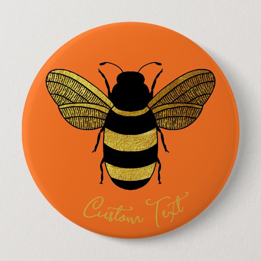 SHINY YELLOW GOLD BLACK BUMBLEBEE CUSTOM TEKST BEE RONDE BUTTON 4,0 CM (Voorkant)