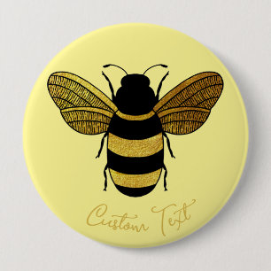 SHINY YELLOW GOLD BLACK BUMBLEBEE CUSTOM TEKST BEE RONDE BUTTON 4,0 CM