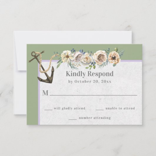 Ship Anchor, Floral Swag - Sage Lavender Wedding RSVP Kaartje (Voorkant)
