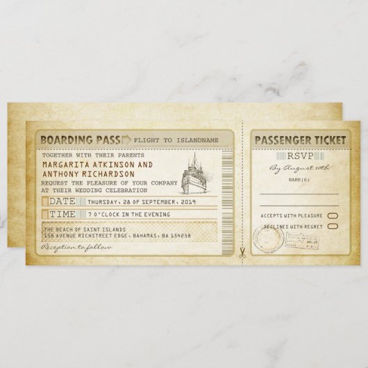 Ship Boarding Pass Wedding Tickets-Invitations & R Kaart (Voorkant / Achterkant)
