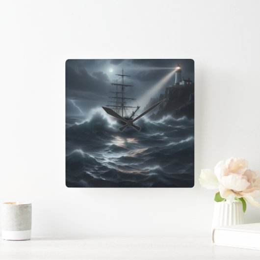 Ship in a storm guided by lighthouse - vierkante klok (Huis)