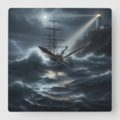 Ship in a storm guided by lighthouse - vierkante klok (Voorkant)