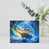 Ship in Glowing Blue Ocean Fantasy Painting Briefkaart (Staand voorkant)