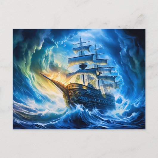 Ship in Glowing Blue Ocean Fantasy Painting Briefkaart (Voorkant)