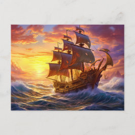 Ship in Golden Sunset Storm Fantasy Painting Briefkaart