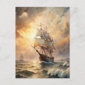 Ship Sailing Ocean Waves Sunset Nautical Sea Briefkaart (Voorkant)
