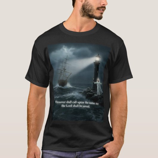 Ship tossed at sea Lighthouse scene T-Shirt (Voorkant)