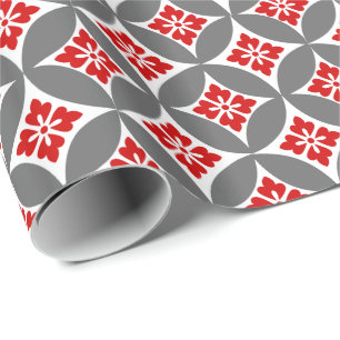 Shippo met bloemmotief, rood, wit en grijs cadeaupapier