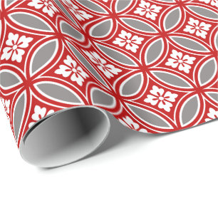 Shippo met bloemmotif, rood, wit en grijs cadeaupapier