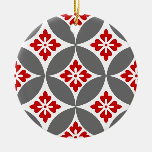 Shippo met bloemmotif, rood, wit en grijs keramisch ornament (Voorkant)