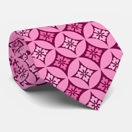 Shippo met Flower Motif, Pink en Burgundy Stropdas (Opgerold)