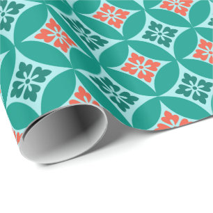 Shippo met Flower Motif, Turquoise en Coral Cadeaupapier