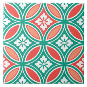 Shippo met Flower Motif, Turquoise en Coral Tegeltje