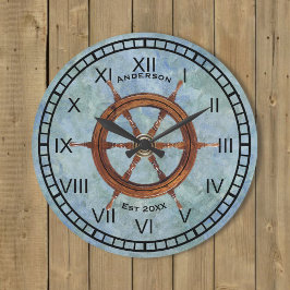 Ship's Helm Nautical Wall Clock Blue Grote Klok