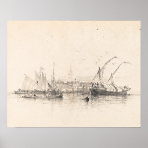 Ships in Zee Landscape Print,  schets Poster