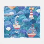 Ships & Lighthouse: Kinderachtige Waterverf Fleece Deken (Voorkant (Horizontaal))