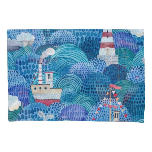 Ships & Lighthouse: Kinderachtige Waterverf Kussensloop (Voorkant)