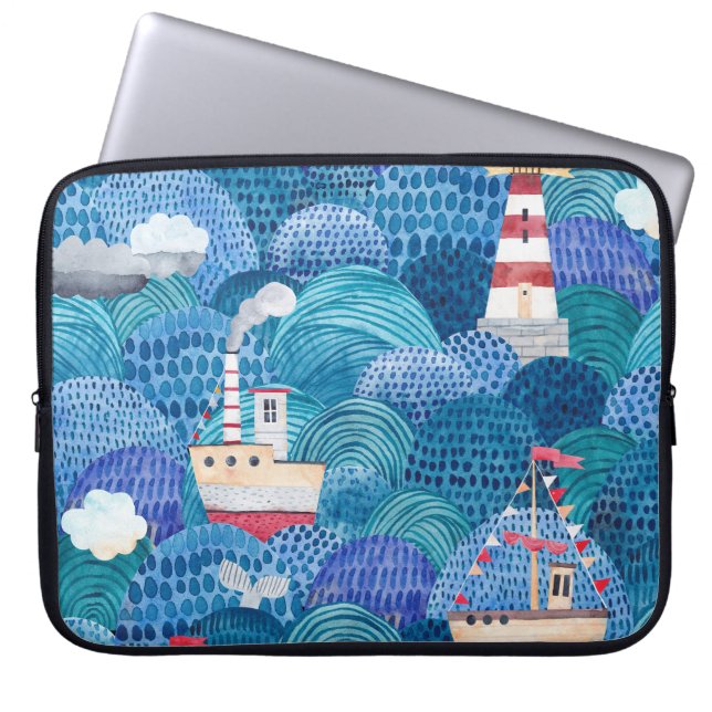 Ships & Lighthouse: Kinderachtige Waterverf Laptop Sleeve (Voorkant)