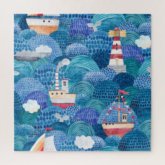 Ships & Lighthouse: Kinderachtige Waterverf Legpuzzel (Verticaal)