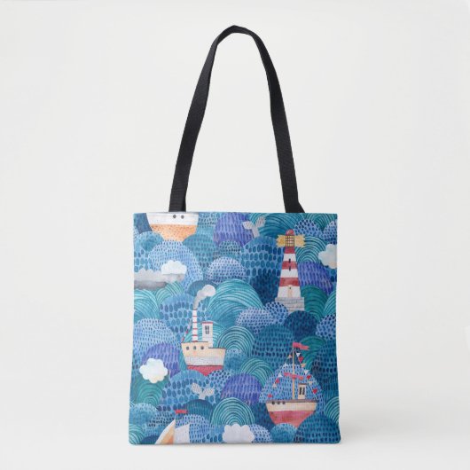 Ships & Lighthouse: Kinderachtige Waterverf Tote Bag (Voorkant)