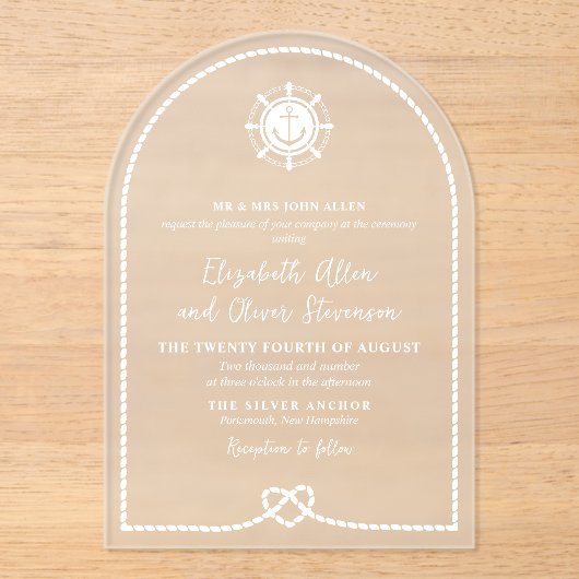 Ship's Wheel & Anker Heart Knot Nautische bruiloft Acryl Uitnodigingen (Voorkant)