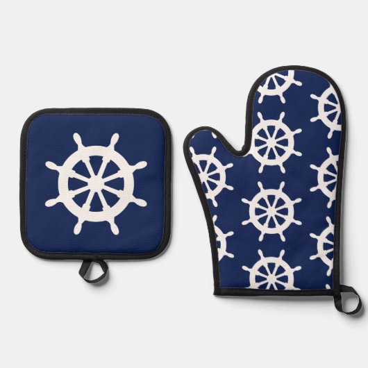 Ships Wheel Galley Keuken Blauw en Wit Zeilers Ovenwant & Pannenlap Set (Voorkant)