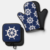 Ships Wheel Galley Keuken Blauw en Wit Zeilers Ovenwant & Pannenlap Set (Voorkant / Achterkant)