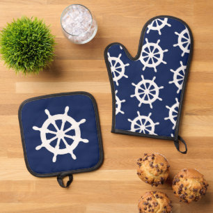 Ships Wheel Galley Keuken Blauw en Wit Zeilers Ovenwant & Pannenlap Set