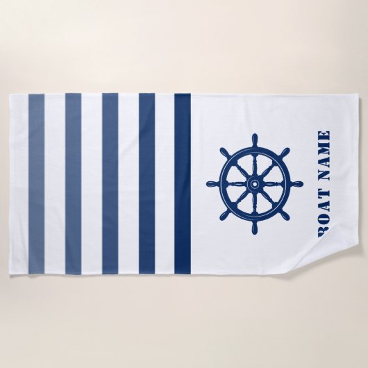 Ships Wheel Helm Your Boat Naam Blauw Wit Streep Strandlaken (Voorkant)