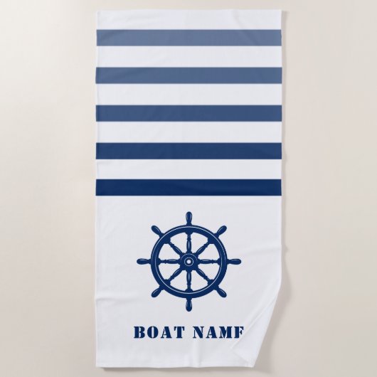 Ships Wheel Helm Your Boat Naam Blauw Wit Streep Strandlaken (Voorkant)