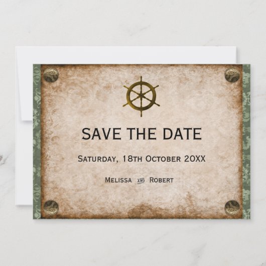Ship's Wheel Steampunk Bruiloft Save The Date (Voorkant)