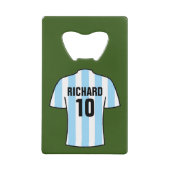 Shirt van het football in lichtblauwe streepjes creditkaart flessenopener (Voorkant)