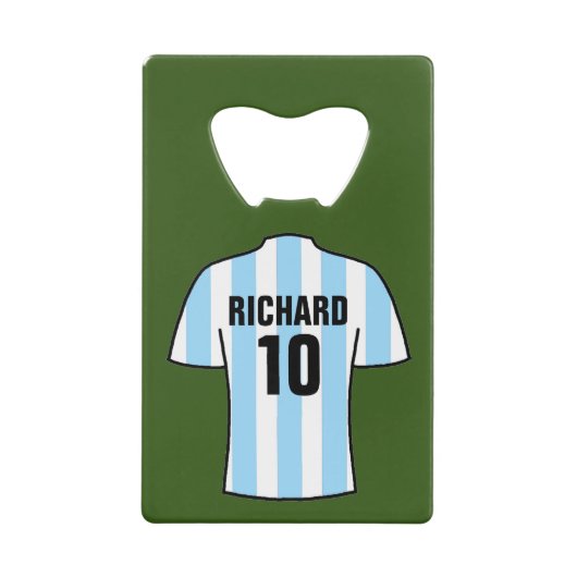 Shirt van het football in lichtblauwe streepjes creditkaart flessenopener (Voorkant)