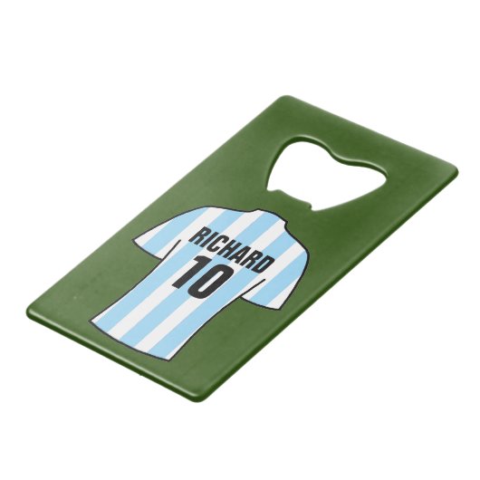 Shirt van het football in lichtblauwe streepjes creditkaart flessenopener (Achterkant Gekanteld)